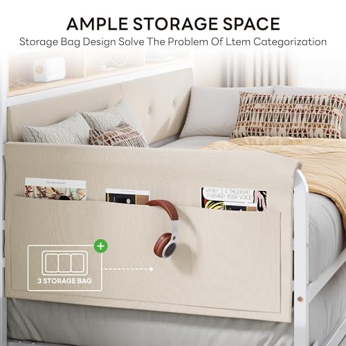 LIKIMIO Daybed with Trundle, Twin Bed Frame,White | with Upholstered Headboard and Charging Station, Sofa Day Bed with Strong Supports for Living Room, Bedroom and Guest Room - color: White