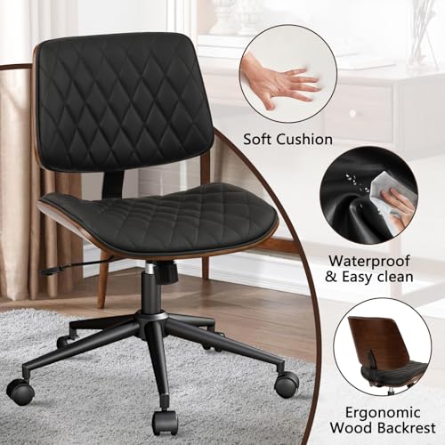 CLATINA Home Office Desk Chair with Wheels, Adjustable Height Armless Office Chair, PU Leather Mid Back 360 Swivel Computer Chair, Modern Walnut Chair for Home, Meeting, Reading Room,Black(1 pk) - color: Black Diamond-b, size: 1 Pack