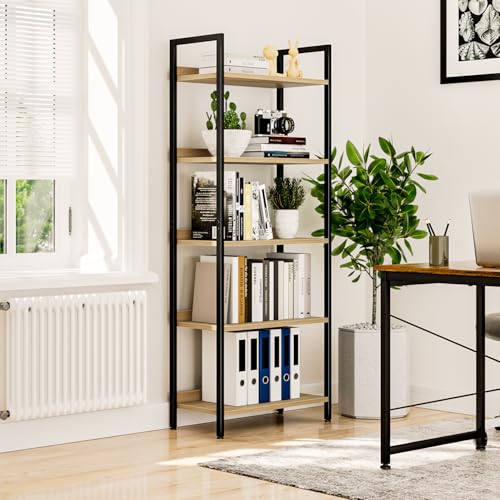 NUMENN Bookshelf, 5 Tier Bookshelves, Home Office Bookcase Shelf Storage Organizer, Free Standing Storage Shelving Unit for Bedroom, Living Room and Home Office, Natural | Metal Frame & Wood Shelves, Falling Prevention Baffle, Open Storage Bookcase for Be