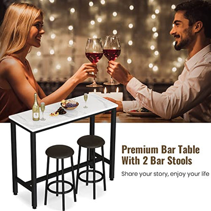 AWQM 47.2" Bar Table Set of 2,Faux Marble Pub Height Table and Chairs Set of 2 with Upholstered Stools,3 Piece Bar Table and Chairs Set Dining Table Set for Living Room,Kitchen,Bar,White & Brown - style: Modern 47.2"