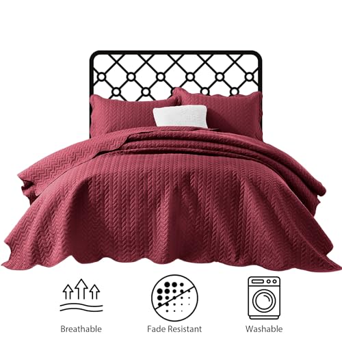MOONLIGHT20015 Twin Quilt Set (66" x 86") with 1 Pillow Sham (20" x 26"+2") for All Seasons - 2 Pcs Reversible Bedding Set Lightweight Microfiber Coverlet Embossed Pattern Quilted Bedspread (Burgundy) - color: Burgundy, size: Twin