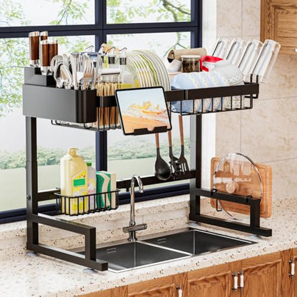ilvvan Over Sink Dish Drying Rack (Expandable Height/Length) Snap-On Design Large Dish Drainer Storage Counter Organizer 24" - 35.5"(L) x 12"(W) x 19" - 22"(H) - size: 24" - 35.5"(L) x 12"(W) x 19" - 22"(H)