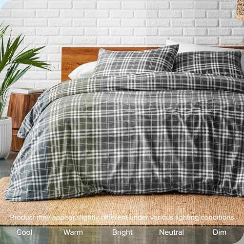 Bare Home Flannel Duvet Cover Set Twin/Twin XL, Stirling Plaid - Grey/White | 100% Cotton, Velvety Soft, Heavyweight, Premium Flannel, Double Brushed, Includes Sham Pillow Cover - color: 15 - Stirling Plaid - Grey/White (No Comforter), size: Twin/Twin XL