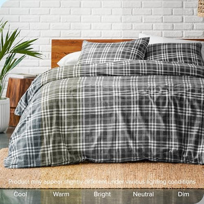 Bare Home Flannel Duvet Cover Set Twin/Twin XL, Stirling Plaid - Grey/White | 100% Cotton, Velvety Soft, Heavyweight, Premium Flannel, Double Brushed, Includes Sham Pillow Cover - color: 15 - Stirling Plaid - Grey/White (No Comforter), size: Twin/Twin XL