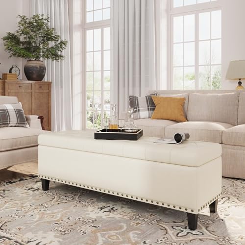FiveWillowise 51 Inch Storage Ottoman Bench,Large End of Bed Storage Bench | Faux Leather Ottoman with Storage,30 Gallons,Upholstered,with Nailhead Trim,Legs,for Bedroom,Living Room,Entryway,Cream White - color: Ivory White