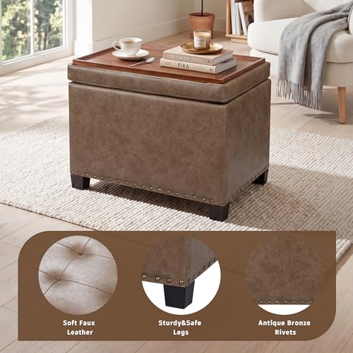 Homebeez 22" Storage Ottoman Coffee Table with Flip Top Tray, Tufted Faux Leather Footrest Stool with Nailhead Trim, Large Foot Rest for Living Room, Taupe Brown - color: Taupe Brown