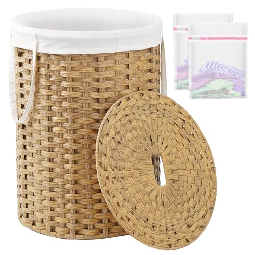 SETVSON Laundry Basket with Lid Round 29.1 Gal PE Rattan, Natural | Family Clothes & Blanket Trunk with Lid, Removable Liner Bag with Handles, 2 Mesh Wash Bags, Collapsible Steel Frame - color: Natural, size: 110 L