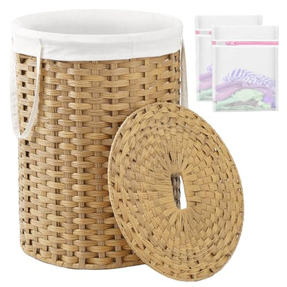 SETVSON Laundry Basket with Lid Round 29.1 Gal PE Rattan, Natural | Family Clothes & Blanket Trunk with Lid, Removable Liner Bag with Handles, 2 Mesh Wash Bags, Collapsible Steel Frame - color: Natural, size: 110 L