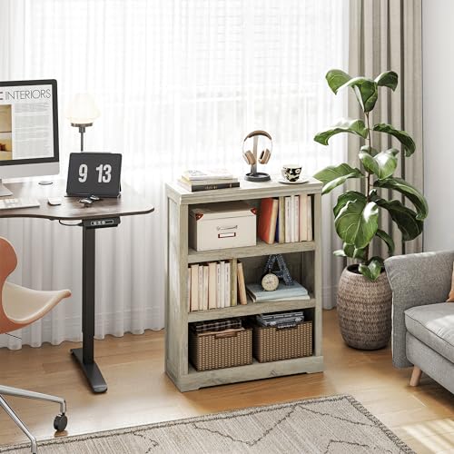 LINSY HOME 3-Tier Bookshelf, Small Wood Display Storage Shelves Farmhouse Bookshelf for Home Office, Living Room, Bed Room - Washed Grey - color: Light Brown, size: 3 Shelf Standard 39"H