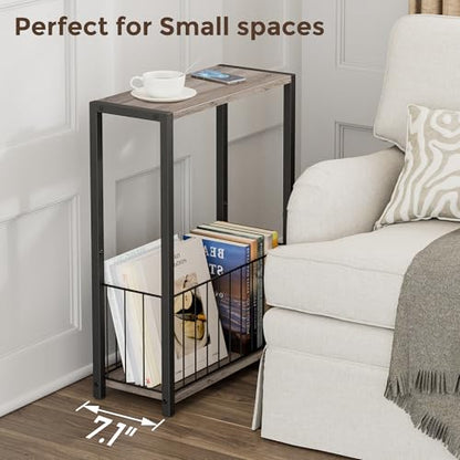 Homleke Narrow Side Table with Magazine Holder, Skinny End Table | Space-Saving Design, Small Spaces, Storage Shelf, Metal Frame, Easy Assembly, 7.1" D x 16.9" W x 23.6" H, Greige - color: Greige - Standard