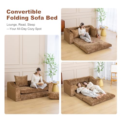 61" Boneless Loveseat Sleeper, Folding Sofa Bed, Diamond Velvet Cover,Brown | Memory Foam Pull Out Futon Bed with Removable Washable Cover, Space-Saving Fold Out Couch for Living Room & Guest Room - color: Brown