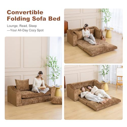 61" Boneless Loveseat Sleeper, Folding Sofa Bed, Diamond Velvet Cover,Brown | Memory Foam Pull Out Futon Bed with Removable Washable Cover, Space-Saving Fold Out Couch for Living Room & Guest Room - color: Brown