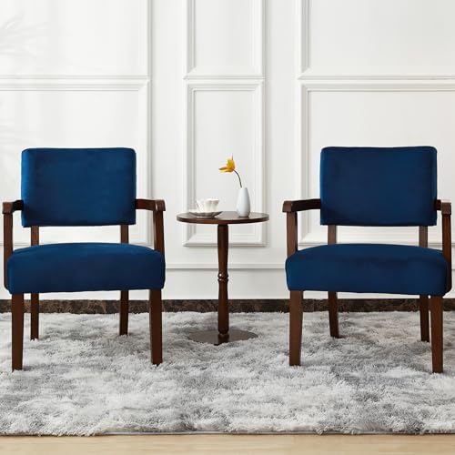 Velvet Accent Chairs Set of 2, 2 Solid Wood Armchairs with Table | Upholstered Living Room Chair, Comfy Reading Chair for Bedroom, Waiting Room, Home Office, Easy Assembly, Blue - color: Velvet Blue, size: Set of 2 with table