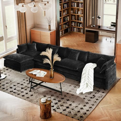 137" Chenille L Shaped Modular Sofa with Ottoman,Black | Randomly Assemble Modular Sofa Sets, Modern Recliner Deep Seat Sofa Set for Living Room,Office - color: Black, size: 4S+1O