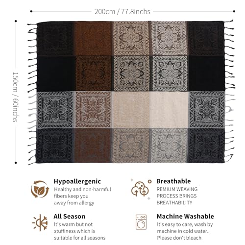 Boho Throw Blanket, Chenille Jacquard Tassels Throw Blankets for Bed Couch Soft Chair， Bohemian Fringe Tassels (Black, S:60x75) - color: Black, size: Small (60 x 75 in)