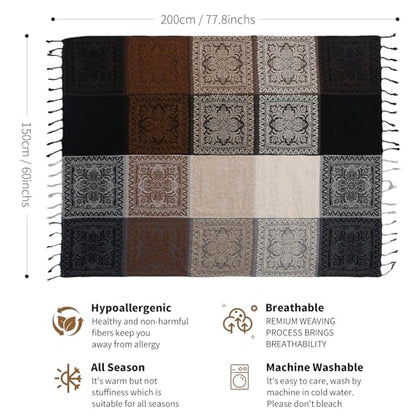 Boho Throw Blanket, Chenille Jacquard Tassels Throw Blankets for Bed Couch Soft Chair， Bohemian Fringe Tassels (Black, S:60x75) - color: Black, size: Small (60 x 75 in)