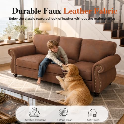 88" W Living Room Furniture Sets, 3-Seater&Loveseat&Single, Rust | Faux Leather Fabric Sofa and Couch Sets, Mid-Century Sofa Set with Nailhead Trim - color: Caramel Rust, size: L-6 seat