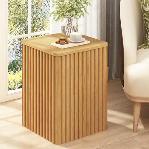 Fluted Side Table with Storage-Small Square End Table | Solid Wood Veneer Top, Accent Tables, Modern Farmhouse Pedestal Drink Tables for Couch, Sofa, Living Room, Natural - color: Natural