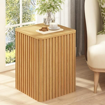 Fluted Side Table with Storage-Small Square End Table | Solid Wood Veneer Top, Accent Tables, Modern Farmhouse Pedestal Drink Tables for Couch, Sofa, Living Room, Natural - color: Natural