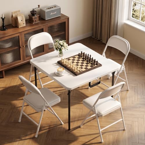 36" Square Folding Table, Portable Card Table with Built-in Handle, Support up to 400 LBS, Heavy Duty Foldable Table No Assembly, for Camping, Picnic, BBQ, Party, Indoor Outdoor Use, White - color: White, size: 3FT