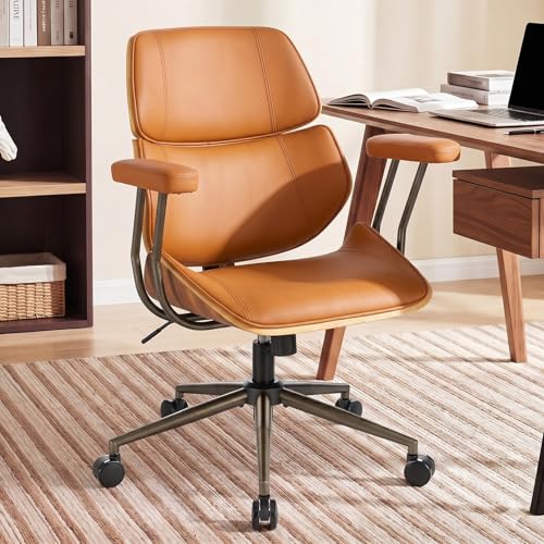 Mid Century Walnut Bentwood PU Leather Office Chair with Arms, Brown | Curved walnut bentwood back & seat; removable armrests; PU leather upholstery; swivel & rolling; for home office & study - color: Brown, size: 2-Section Back / No Headrest