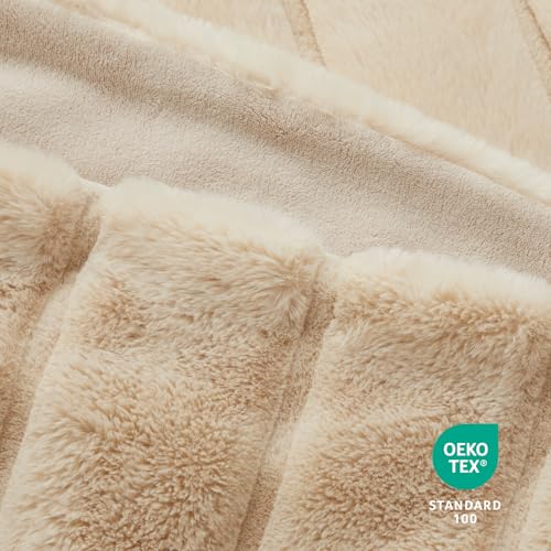 Cozy Bliss Deluxe Sheared Rabbit Faux Fur Throw Blanket, Soft Fuzzy High-Low Sculpted Plush Blanket for Couch, Cozy Home Accent, All Season Use, Khaki 50"x60" - color: Khaki, size: Throw(50" x 60")