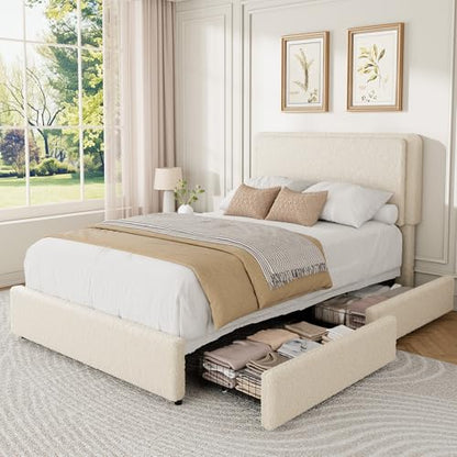 GarveeHome Bed Frame with 2 Storage Drawer, Cream Beige, Twin | Teddy Fleece Thick Upholstered Platform Bed Frame with Adjustable Headboard, No Box Spring Needed - size: Twin
