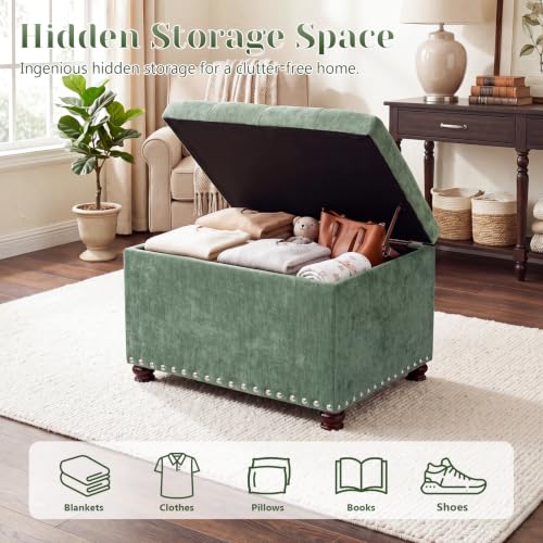 24" Storage Ottoman,Tufted Upholstered Fabric Ottoman Bench | Hidden Storage,Foot Rest Stool for Living Room Bedroom Entryway,Nailhead Trim,Wooden Legs,400 lbs Capacity - color: Green