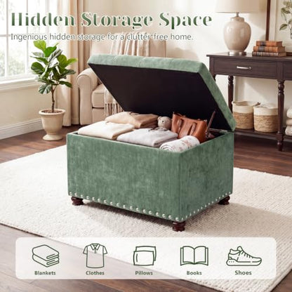 24" Storage Ottoman,Tufted Upholstered Fabric Ottoman Bench | Hidden Storage,Foot Rest Stool for Living Room Bedroom Entryway,Nailhead Trim,Wooden Legs,400 lbs Capacity - color: Green