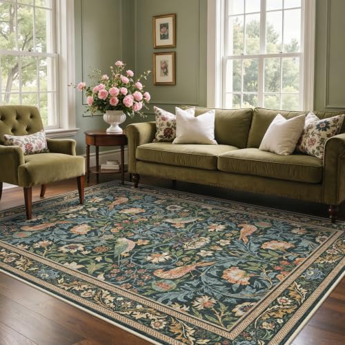 GENIMO 3X5 Blue Green Area Rug for Bedroom, Washable Non Slip | Blue Green Boho Bird Floral Rug for Bedroom and Dining Room, Soft Low Pile Polyester Area Rug, Easy Care, Non-Shedding - color: Blue Green, size: 3' x 5' (Rectangular)