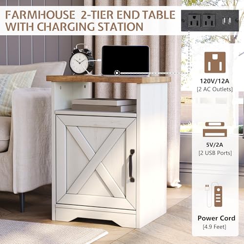 3 Piece Living Room Table Set with Barn Door, Distressed White | Includes Coffee Table and 2 End Tables, Charging Station &USB Ports, Rustic Farmhouse Style, Living Room Furniture Set - color: Distressed White