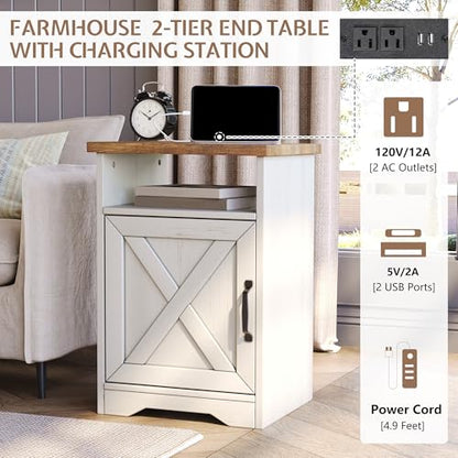 3 Piece Living Room Table Set with Barn Door, Distressed White | Includes Coffee Table and 2 End Tables, Charging Station &USB Ports, Rustic Farmhouse Style, Living Room Furniture Set - color: Distressed White
