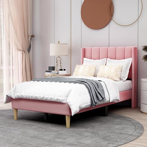 AGARTT Upholstered Platform Bed Frame Twin Size with Headboard and Footboard/Wooden Slats Support/No Box Spring Needed/Easy Assembly,Pink Velvet | Headboard and Footboard/Wooden Slats Support/No Box Spring Needed/Easy Assembly - color: Pink Velvet, size: