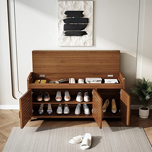 Wilk Shoe Bench with Storage, 2-Tier Shoe Cabinet with Padded Seat Cushion and 3 Darn Doors (38.2’’ (L) x 14.4’’ (W) x 19.7’’ (H)) - size: 38.5" (L) x 14.4" (W) x 19.7" (H)