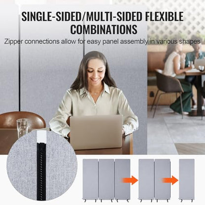 VEVOR 2FT Room Divider, 3 Panel PET Polyester Soundproof Room Screen, Folding Privacy Divider Portable Partition Divider for Room Separation, Freestanding Room Partitions for Office Study, Grey