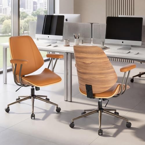 Modern Mid Back Office Chair, Adjustable Swivel Desk Chair with Arms, Brown | Faux leather seat, wood accent detail, mid-back with padded armrests, adjustable swivel, for home office, bedroom & study - color: Brown, size: 1-Piece Back / No Headrest
