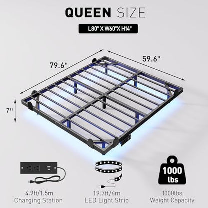 qimamo Floating Queen Bed Frame, 7 Inch Metal Platform Bed with Smart LED Lights & Charging Station, Easy Assembly, No Box Spring Needed - size: Queen (U.S. Standard), style: Floating Look 7"