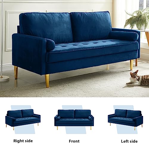 67" Modern Velvet Loveseat Sofa Couch, Mid-Century Tufted Upholstered Small Love Seat Couch with 2 Pillows & 4 Golden Legs, 2-Seats Couches for Compact Space, Living Room, Apartment (Navy) - color: Navy