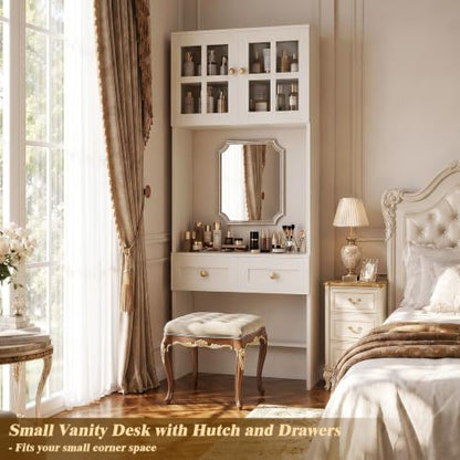 Besiost Farmhouse Desk with Glass Hutch, Small Writing Study Desk with Drawers, Multi-Function Desk for Home Office, Bedroom, Kitchen, Distressed White (27.6" L × 11.8" D × 80" H) - color: Distressed White, size: 27.6"