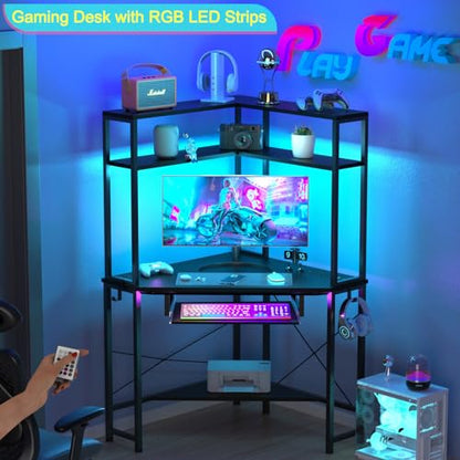 Corner Desk with Hutch and LED Light, Keyboard Tray, Black - color: Black