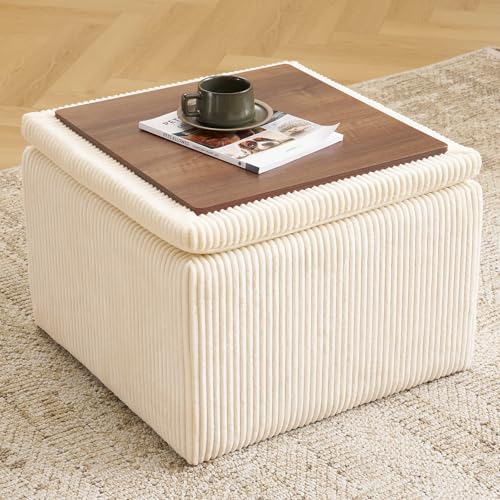 Cube Storage Ottoman, Ottoman Footstool with Removable Lid, Chenille Ottoman Foot Stools, Storage Ottoman for Chair, Multi-Functional Footrest, Corduroy Beige - color: Corduroy Beige, size: Ottoman