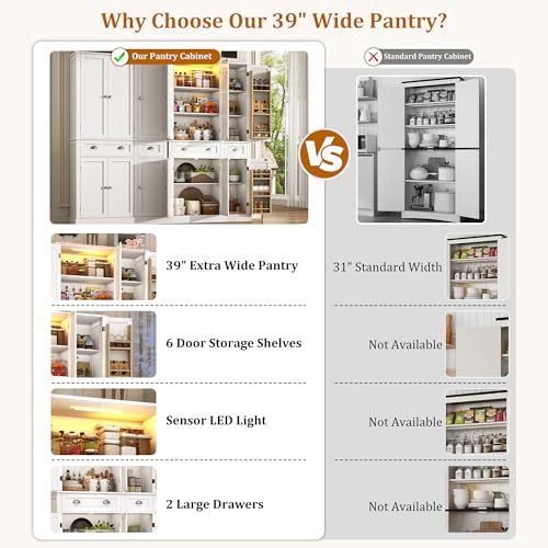 71"H Tall Kitchen Pantry Cabinet with LED Lights,39"W Modern Large Kitchen Hutch Cabinet w/6 Door Shelves,2 Large Drawer,Freestanding Food Pantry w/Adjustable Shelves for Kitchen,Dining Room,White - color: White