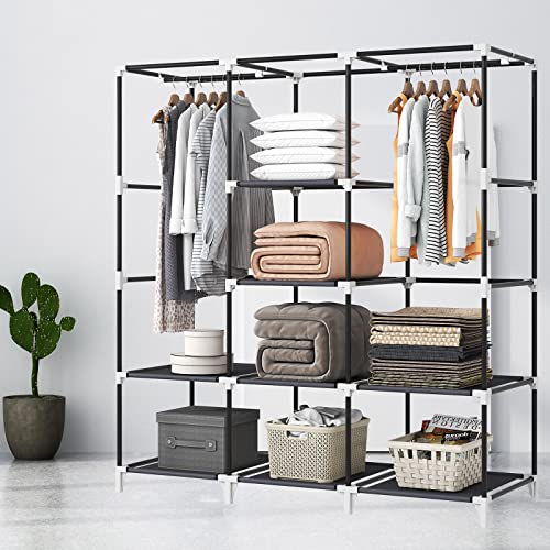 51 Inch Grey Portable Closet Bundle with 51 Inch Black Portable Wardrobe with 4 Hanging Rods, 16 Storage Organizer Shelves, Durable and Easy to Assemble