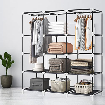 51 Inch Grey Portable Closet Bundle with 51 Inch Black Portable Wardrobe with 4 Hanging Rods, 16 Storage Organizer Shelves, Durable and Easy to Assemble