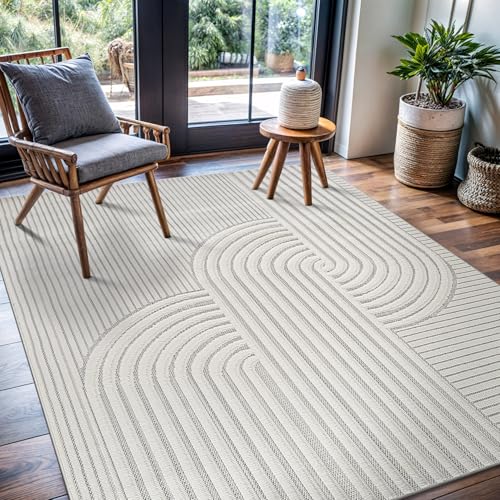 Modern Rug 4x6 Luxury Swirl Curved Micro Loop Area Rugs Soft High-Low Pile Stain Resistant Easy to Clean Non-Shedding Durable Living Room Office Indoor Carpet (White) - color: Curved / White, size: 4' x 6' (Rectangular)