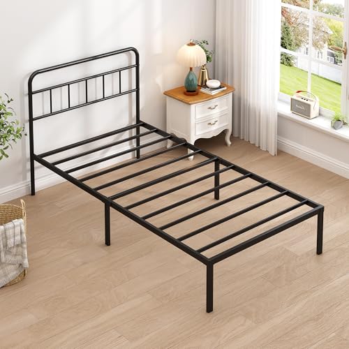 Twin Bed Frame with Classic Headboard, Black | Strong Metal Slats Support,Under Bed Storage Space,No Box Spring Needed,Easy to Assemble - size: Twin