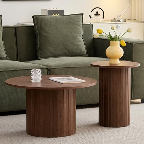Round Nesting Coffee Table Set of 2 Mid Century Modern Wood Round Coffee Tables with Flexible Small Boho Circle Side Table for Space Saving Living Room Comedor Home Office Bedroom(Brown) - color: 2pcs Brown