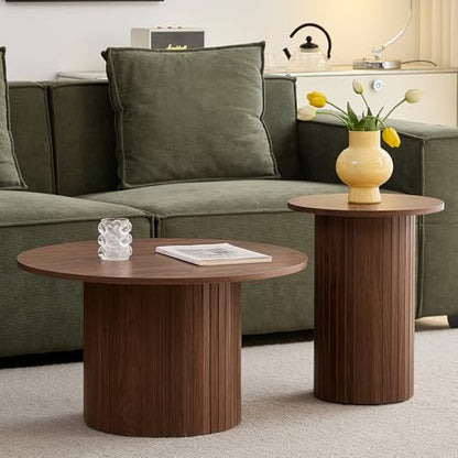 Round Nesting Coffee Table Set of 2 Mid Century Modern Wood Round Coffee Tables with Flexible Small Boho Circle Side Table for Space Saving Living Room Comedor Home Office Bedroom(Brown) - color: 2pcs Brown