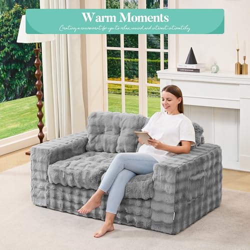 Hobestluk Adult Loveseat Sofa Couch Comfortable Foam Floor Seat, Grey | Large 2-in-1 Sofa, Tufted Button Design, Foam Filling, No Assembly, Living Room, Relaxing, Gaming, Premium Bubble Fabric - color: Bubble Grey, size: Loveseat