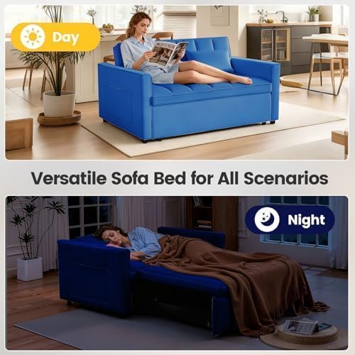 Sleeper Sofa Bed with Adjustable Backrest & Side Pockets, Blue | Adjustable Backrest & Side Pockets,Pull Out Sofa,Comfortable Fabric - color: S-blue-4pa